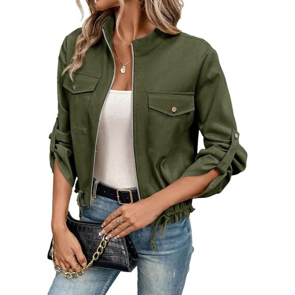 Women's Lightweight Cropped Zip Up Jacket with Pockets and Drawstring Hem - Picture 1 of 5